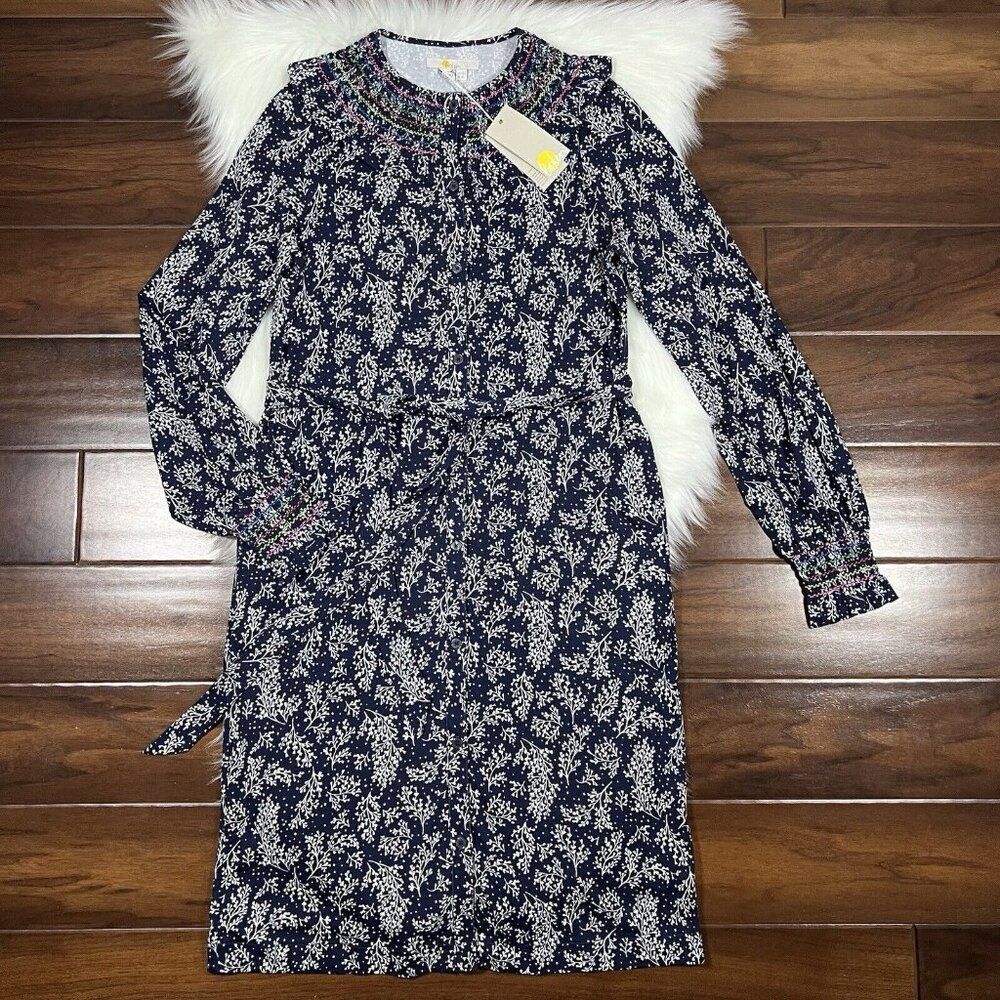 Boden Women's Size US 8 / UK 12 Long Blue Leafy Sprig Smocked Jersey Dress